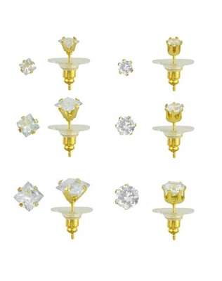 Multi-Pack Round and Square CZ Goldtone Stud Earrings - 6 Pair