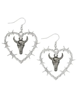 Barbed Wire Heart Bull Dangle Earrings