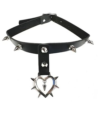 Faux Leather Spiked Heart Dangle Choker Necklace