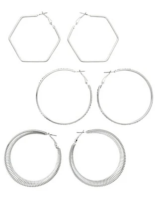 Multi-Pack Silvertone Large Multi Texture Hoop Earrings - 3 Pair