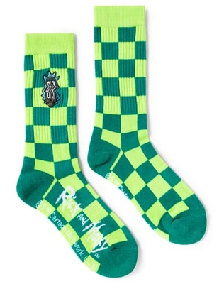 Neon Green Rick & Morty Checkered Crew Socks