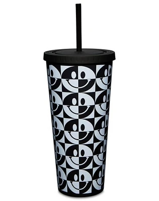 Black and White Smiley Cup with Straw - 24 oz.