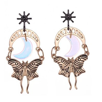 Crescent Moon Moth Dangle Earrings