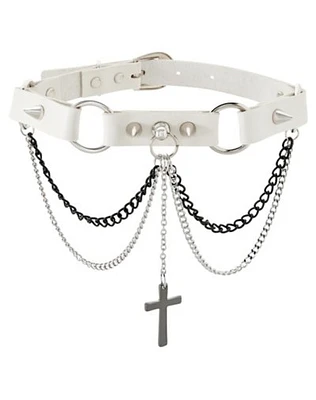 Cross Dangle Spike Double Chain Choker Necklace