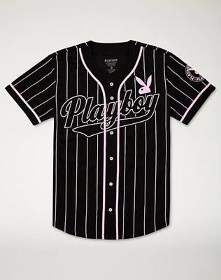 Black and Pink Playboy Bunny Striped Baseball Jersey