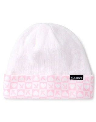 White and Pink Playboy Reversible Beanie Hat