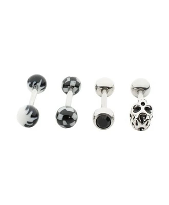 Multi-Pack CZ Silvertone Checkered Skull Barbells 4 Pack - 14 Gauge