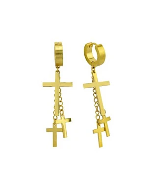 Goldtone Titanium Dual Cross Dangle Huggie Hoop Earrings