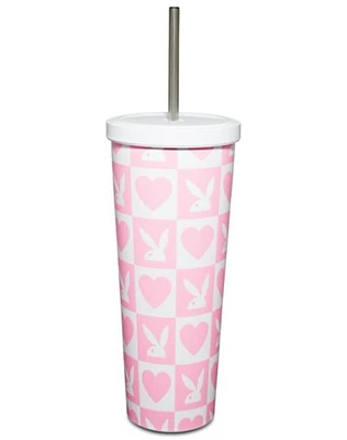 Pink Checkered Playboy Cup with Straw - 24 oz.