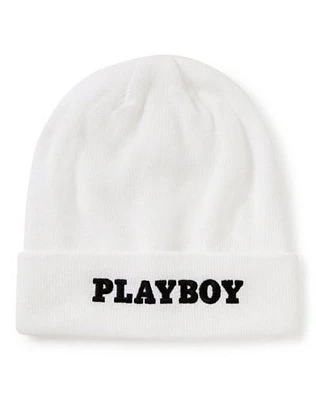 White Playboy Cuff Beanie Hat