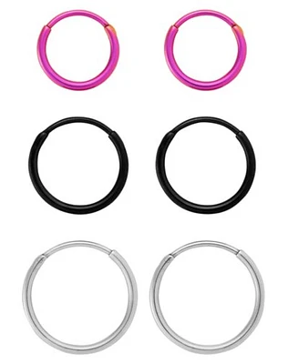 Multi-Pack Pink Black Silvertone Hoop Earrings - 3 Pair