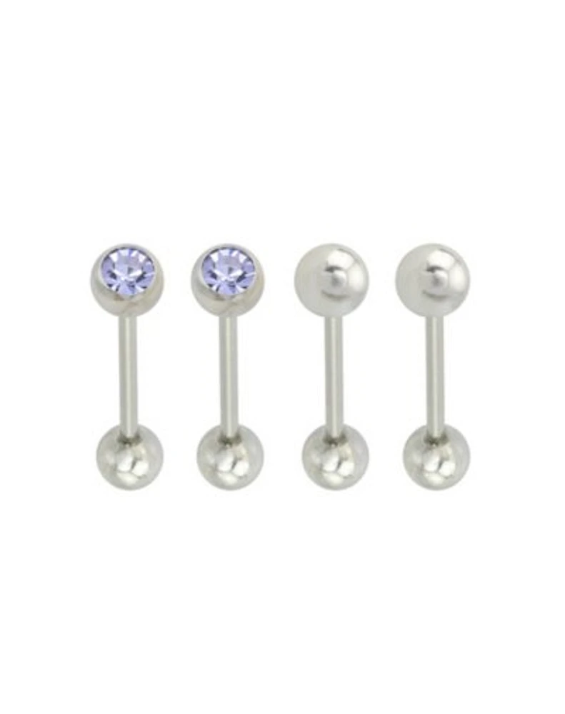 Multi-Pack CZ Purple Silvertone Barbells 4 Pack - 14 Gauge