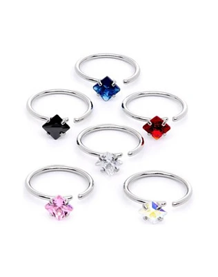 Multi-Pack Multi-Color Square CZ Hoop Nose Rings 6 Pack - 20 Gauge