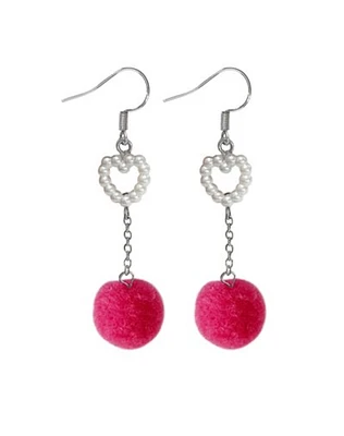 Pink Heart and Fuzzy Ball Dangle Earrings