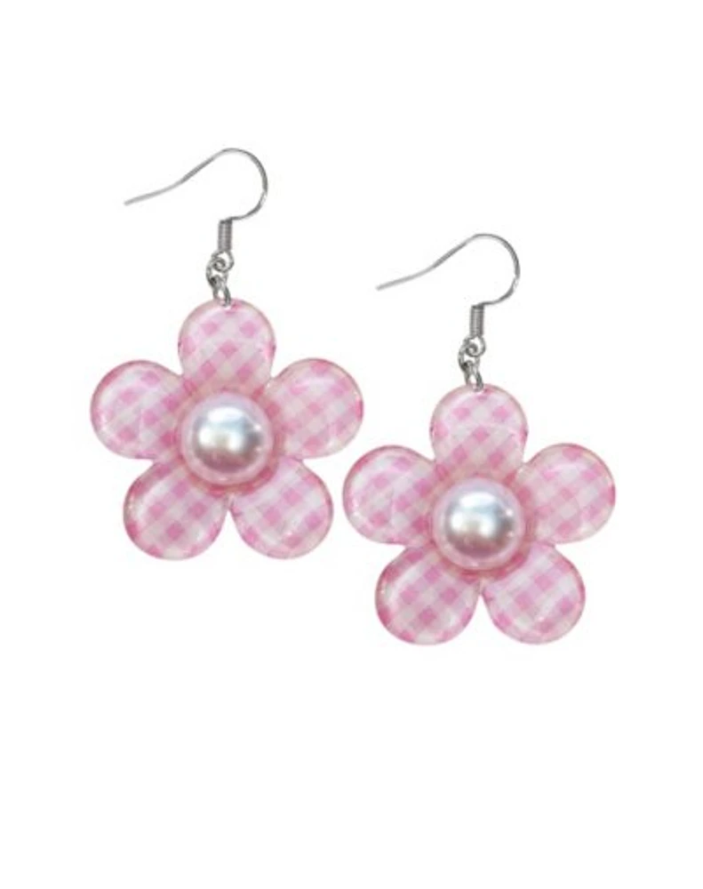 Pink Plaid Flower Dangle Earrings