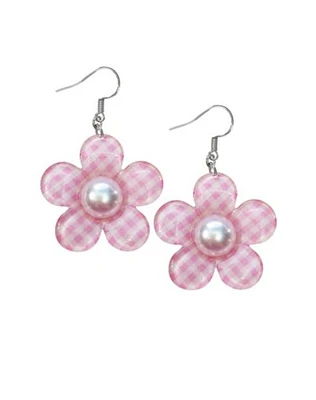 Pink Plaid Flower Dangle Earrings