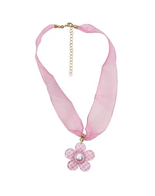 Plaid Flower Pink Ribbon Necklace