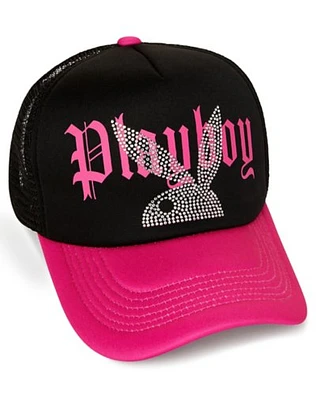 Playboy Black and Pink Rhinestone Trucker Hat