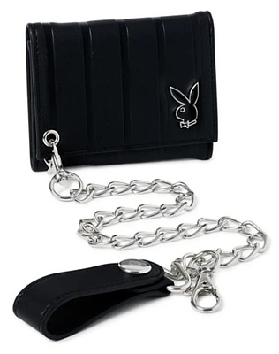 Black Playboy Striped Debossed Trifold Chain Wallet