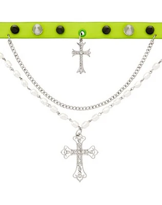 CZ Pearl-Effect Cross Dangle Chain Choker Necklace