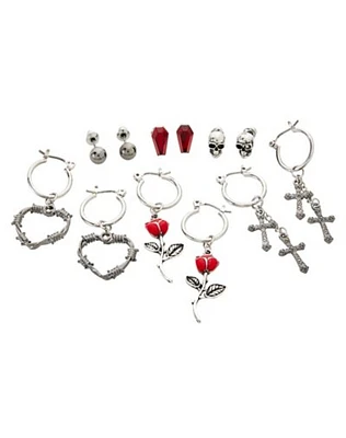 Multi-Pack Silvertone Heart Rose Cross Coffin Earrings - 6 Pair