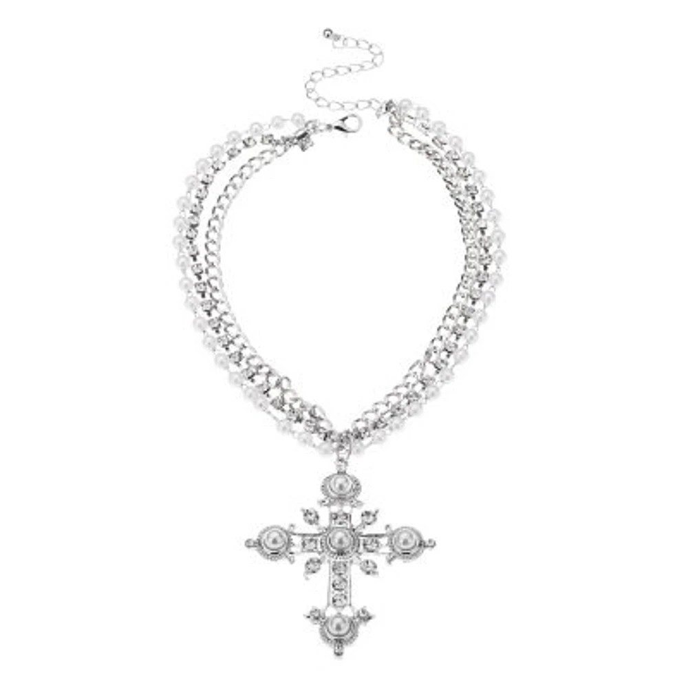 Layered Pearl Cross Choker Necklace