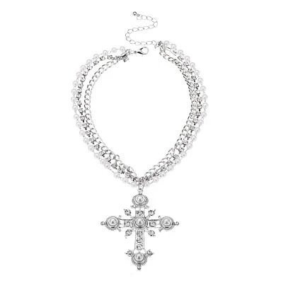 Layered Pearl Cross Choker Necklace