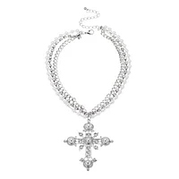 Layered Pearl Cross Choker Necklace