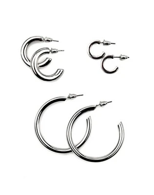 Silvertone Chunky Huggie Hoop Earrings - 3 Pair
