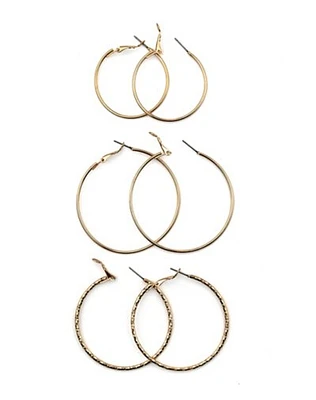 Goldtone Large Textured and Thin Hoop Earrings - 3 Pair