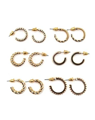 Goldtone Textured Hoop Earrings - 6 Pair