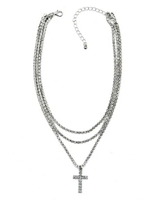 Silvertone 3 Row Chain Cross Necklace