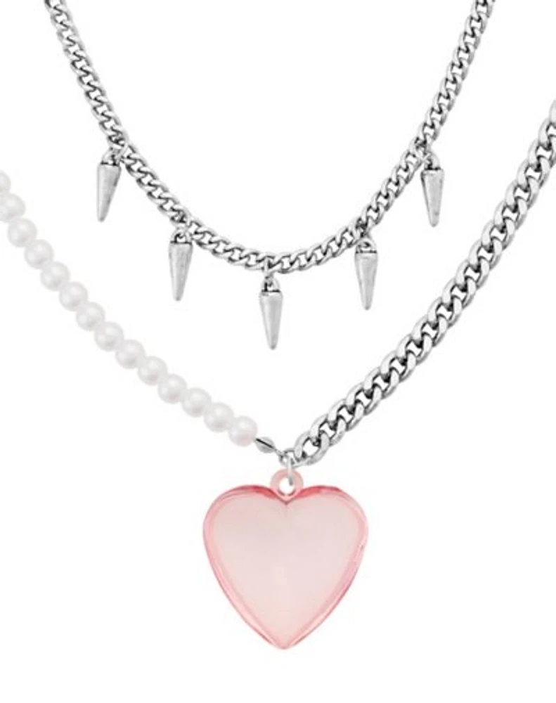 Double Row Spike Pink Heart Choker Necklace