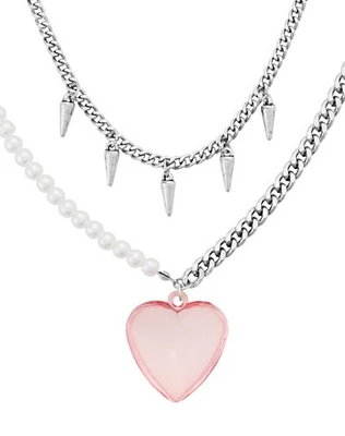 Double Row Spike Pink Heart Choker Necklace