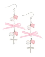 Pink Bow and Pearl Dangle Cross Earrings