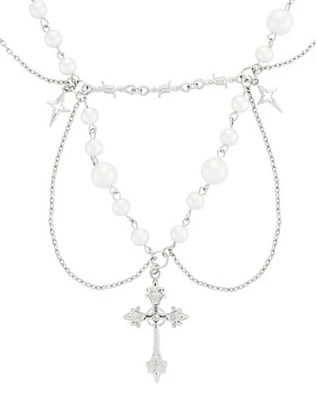 Layered Chain and Pearl Cross Choker Necklace