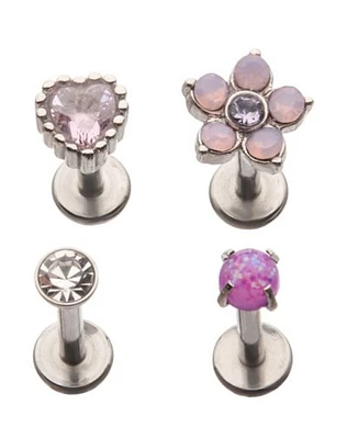 Multi-Pack CZ Pink Heart Flower Labret Lip Rings 4 Pack - 16 Gauge