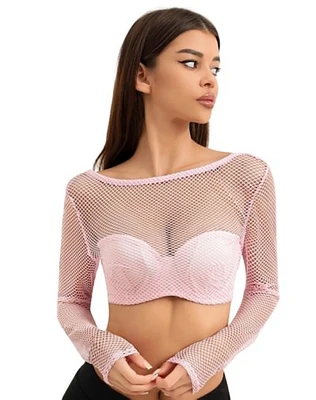 Pink Fishnet Long Sleeve Bra Cop Top