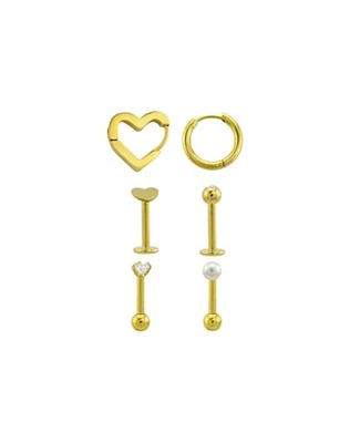 Multi-Pack CZ Goldtone Heart Labret Lip Rings and Cartilage and Huggie