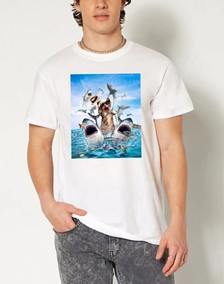 Cat Riding Sharks T Shirt