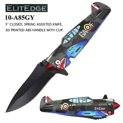 EliteEdge Spring Assist Knife Black Stainless-Steel Blade/Black 3D Print Fighter Plane ABS Handle SKU 10-A85GY