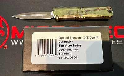 Microtech Combat Troodon Gen III Outbreak Signature Series D/E M390MK SS Blade/Green Alum. Handle SKU 1142-1OBDS