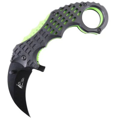 TheBoneEdge Ball Bearing Spring Assist Black with Green Karambit Folding Knife SKU 13086