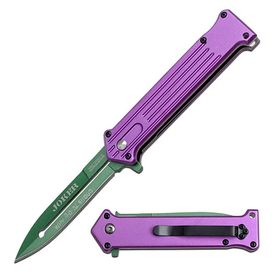 Joker (why so serious?) Spring Assisted Knife Green SS Blade/Purple Alum. Handle SKU TF-457PGN/10-457PGN