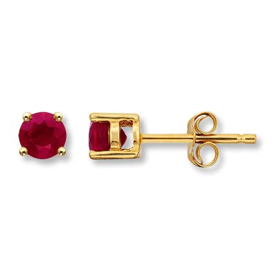 Lab-Created Ruby Earrings Round-Cut  14K Yellow Gold