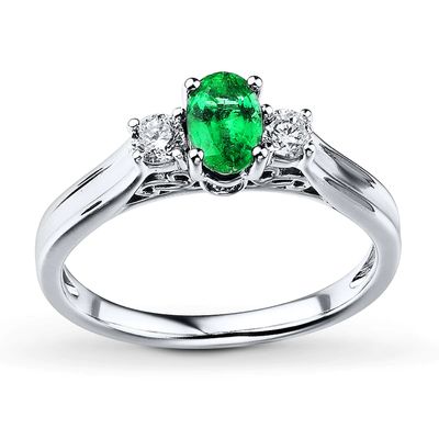 Natural Emerald Ring 1/4 ct tw Diamonds 14K White Gold