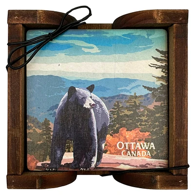 Ottawa Canada Bear Coaster Set with Wood Holder
