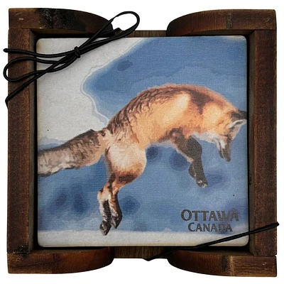 Canadian Fox Coaster Set with Wood Holder