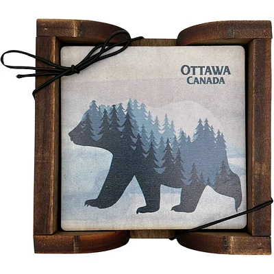 Canada Mountain Bear Coaster Set with Holder