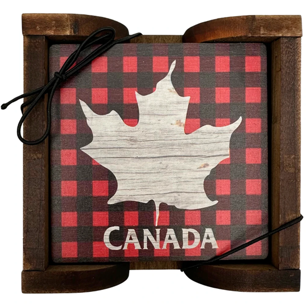 Plaid Canada Maple Leaf Coaster Set with Wood Holder